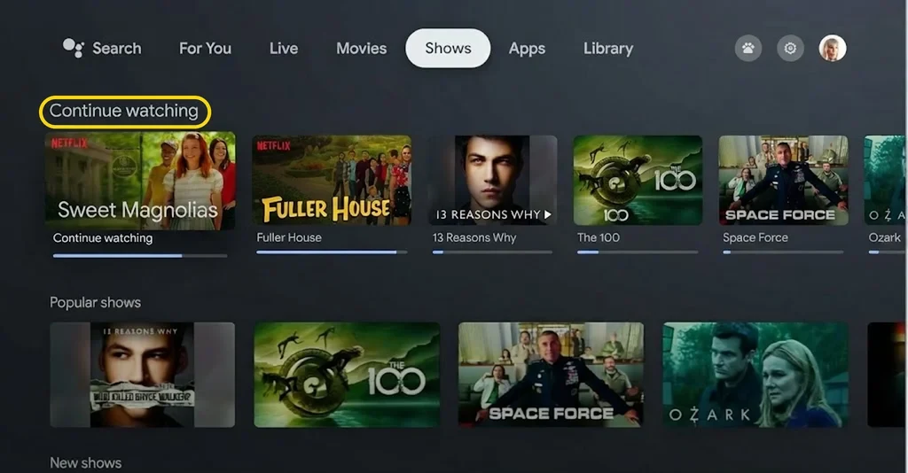Smart TV Shows tab with a Continue watching row combining titles from several streaming services