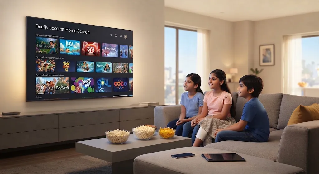 Illustration of a family with children watching TV on the family profile home screen on a Sunday morning