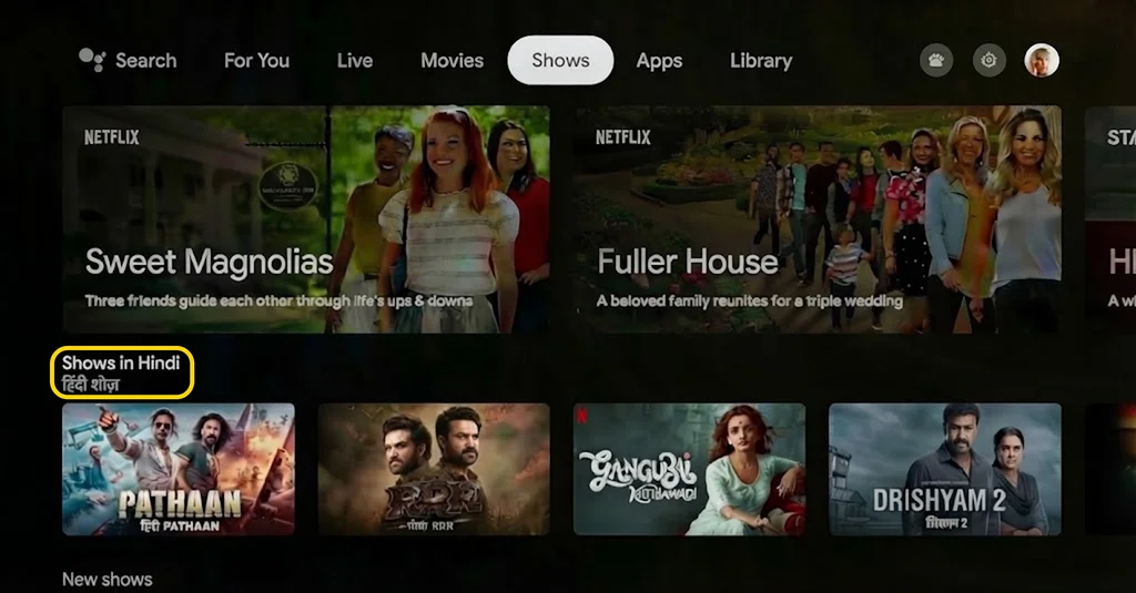 Shipped: a Shows in Hindi row inside the Shows tab