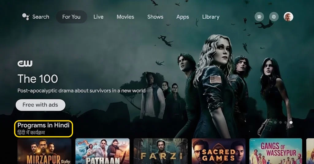 Option considered: a Programs in Hindi row on the home page