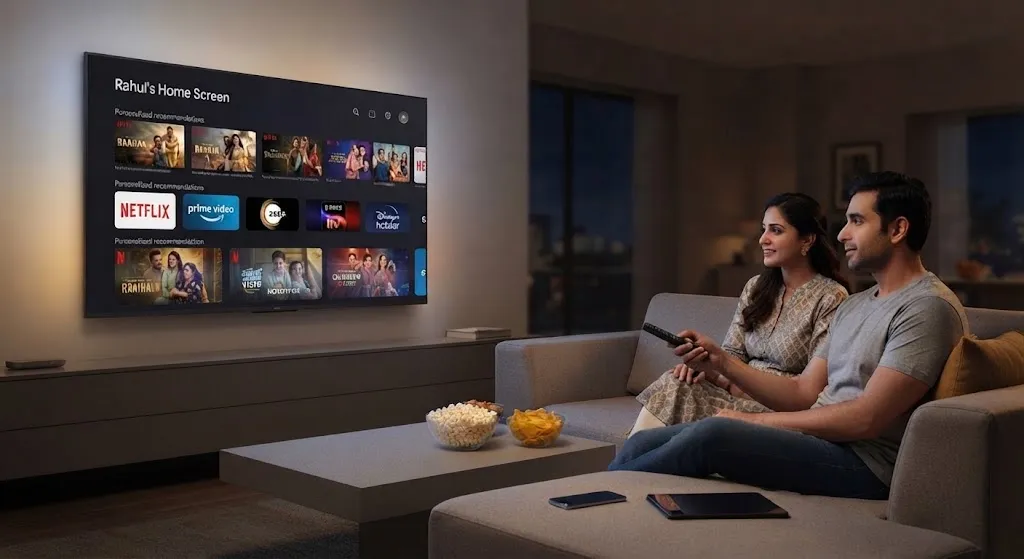 Illustration of a couple watching TV late in the evening on a personal profile home screen