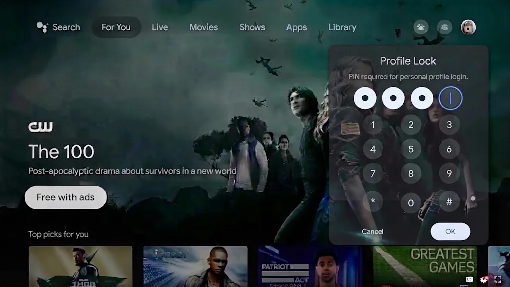 Profile lock dialog asking for a four-digit PIN over the smart TV home screen