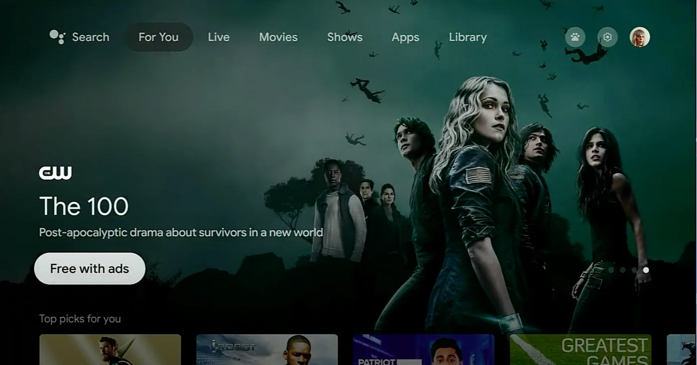 New smart TV home screen: For you tab with a featured show and a Top picks for you row, with tabs for Live, Movies, Shows, Apps and Library
